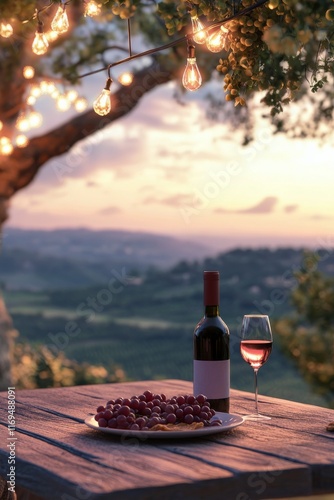 Relaxing evening with wine and grapes overlooking a picturesque landscape at ...