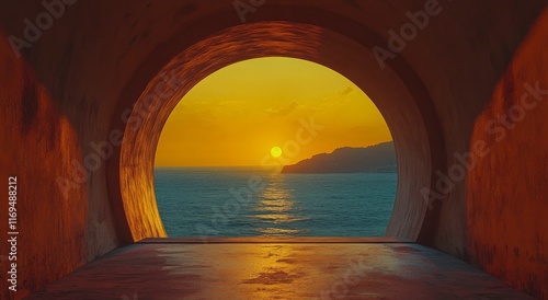 Sunset over the ocean viewed through a circular arch at a serene coastal loca...
