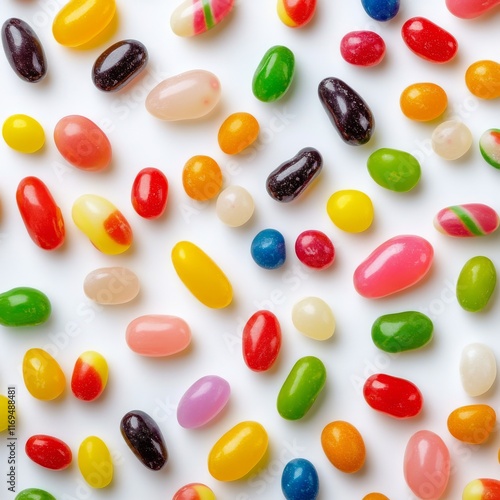 Colorful jellybeans spread across a white surface creating a vibrant and swee...