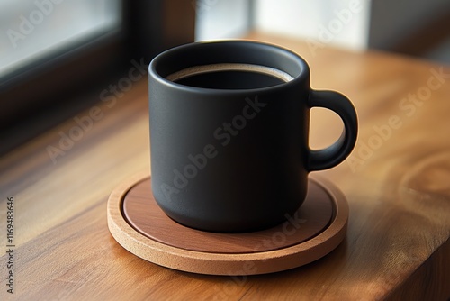 Warm coffee in black mug placed on wooden coaster near a window in morning light