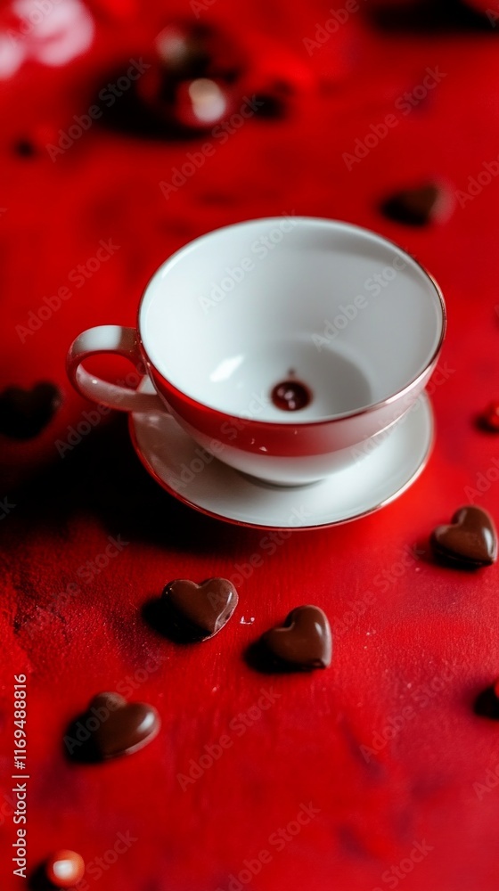 Heart-shaped coffee cup accompanied by chocolate candies on a wooden table with a vibrant red background ideal for romantic settings Heart-shaped coffee cup accompanied by chocolate candies on a wooden table with a vibrant red background ideal for romantic settings