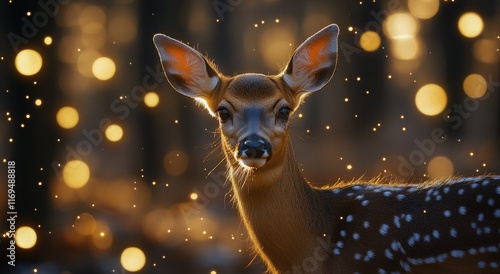 Majestic deer gazes into the distance during a golden sunset in a serene forest