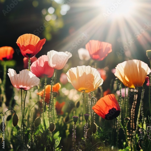 Colorful flowers blooming in sunlight during a warm spring afternoon outdoors