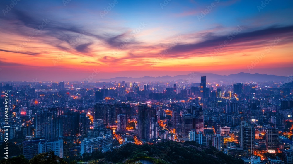 Fototapeta premium Glowing City Lights Under Evening Sky