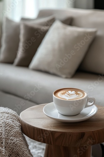 Cozy indoor setting with latte art on wooden table near comfy sofa and knit b...