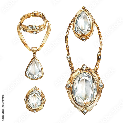 A watercolor vector painting of a classic gold jewelry set with timeless elegance, isolated on a white background. Classic gold jewelry set with timeless elegance vector.

