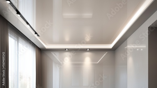 Wallpaper Mural A sophisticated ceiling with a high-gloss finish and embedded track lighting, set in a minimalist room with neutral tones for a sleek look. Torontodigital.ca