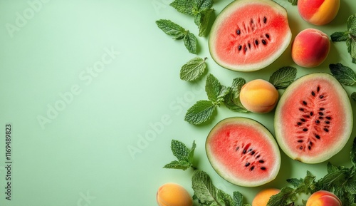 Fresh summer fruits arranged with mint leaves on a green background
