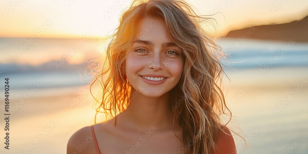A radiant portrait of a young woman smiling warmly on a sunlit beach A radiant portrait of a young woman smiling warmly on a sunlit beach