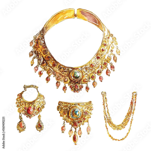 A watercolor vector painting of a classic gold jewelry set with intricate designs, isolated on a white background. Classic gold jewelry set with intricate designs vector.

