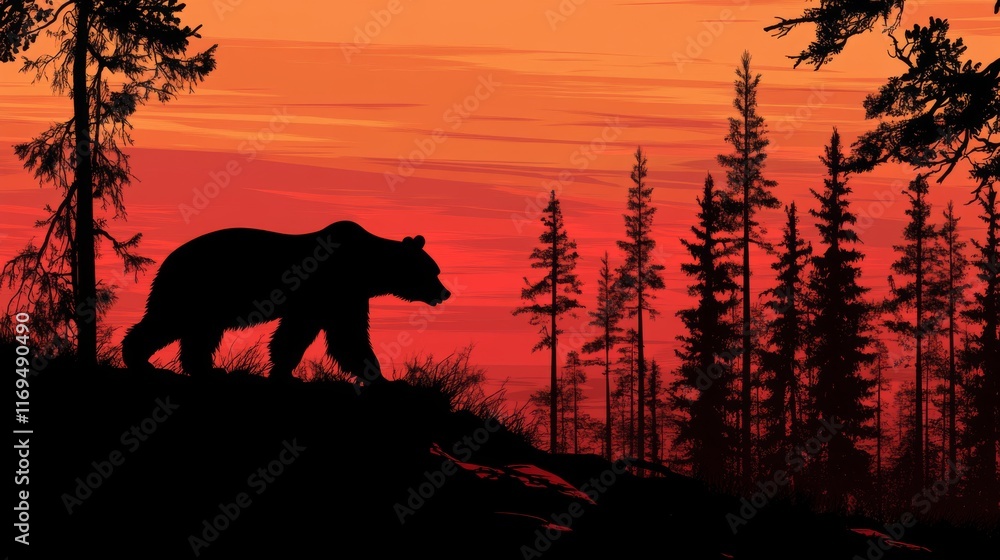 Silhouette of a bear walking in a forest at sunset. Silhouette of a bear walking in a forest at sunset.