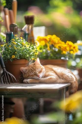 Orange cat sleeping peacefully beside sunflowers and gardening tools in a sun...