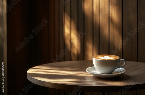 Coffee cup with intricate latte art on a wooden table in a warm atmospheric s...