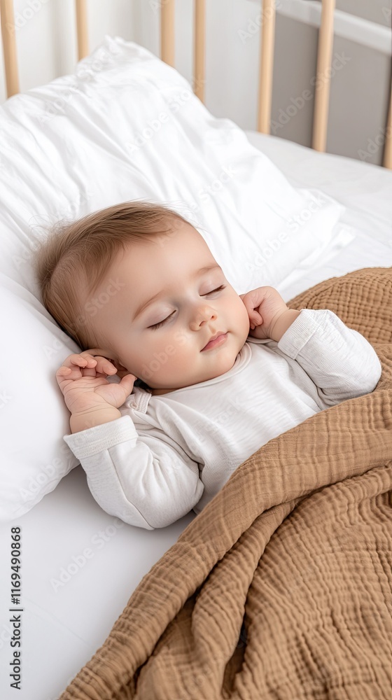 Cute baby resting comfortably on a white pillow, wrapped in a light gray and beige blanket, creating a tranquil bedroom atmosphere Cute baby resting comfortably on a white pillow, wrapped in a light gray and beige blanket, creating a tranquil bedroom atmosphere