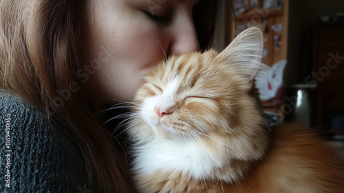 a woman planting a big kiss on a little kitty, smushing their face into each other photo