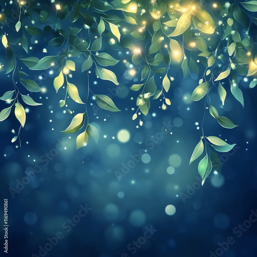 Breathtaking night scene with glowing foliage and sparkling bokeh lights in a...