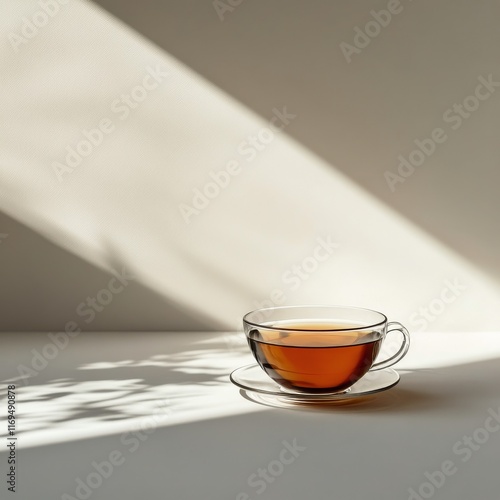 Warm cup of tea on a tranquil surface illuminated by soft sunlight in a cozy ...
