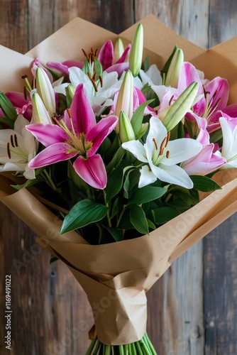 Beautiful bouquet of pink and white lilies wrapped in brown paper on wooden t...