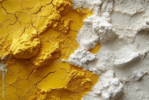 Colorful yellow and white powder contrasting textures on a surface