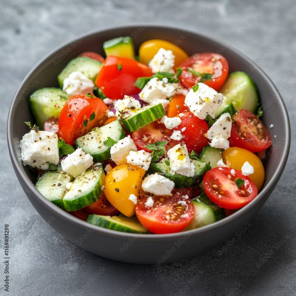 Fresh cucumber and tomato salad with feta served in a bowl on a gray background Fresh cucumber and tomato salad with feta served in a bowl on a gray background