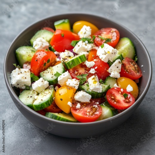 Fresh cucumber and tomato salad with feta served in a bowl on a gray background