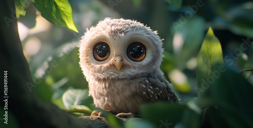 Cute owl chick perched on a branch in a lush green forest during daylight