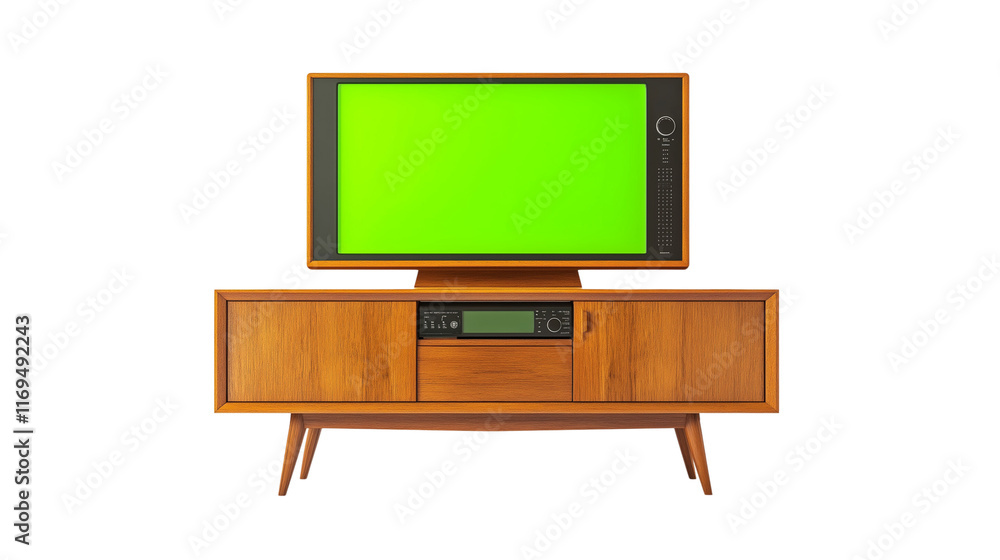 A modern wooden entertainment console with a green-screen TV on top, on a Transparent Background A modern wooden entertainment console with a green-screen TV on top, on a Transparent Background