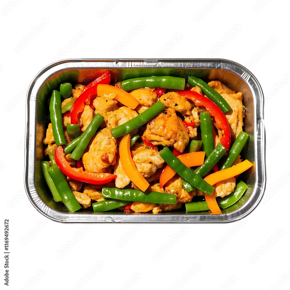 Stir fry chicken, sweet peppers and green beans. Served in a silver catering container on transparent background Stir fry chicken, sweet peppers and green beans. Served in a silver catering container on transparent background