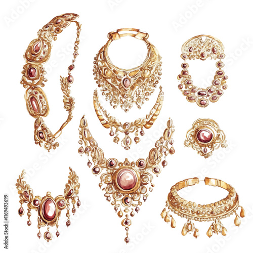 A watercolor vector painting of a classic gold jewelry set with intricate designs, isolated on a white background. Classic gold jewelry set with intricate designs vector.

