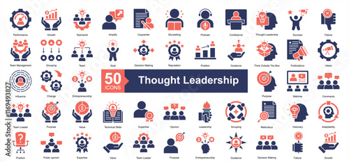 Thought Leadership Icon Collection Set.Containing performance, growth, teamwork, copywriter icon. Simple dual tone style Vector Illustration.	