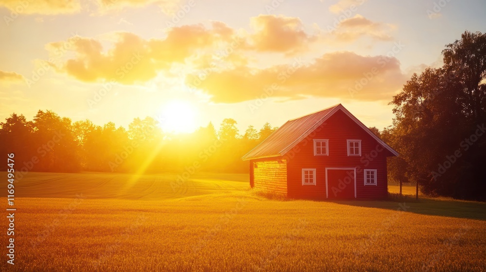 Serene Sunset over Red Barn in Golden Field Serene Sunset over Red Barn in Golden Field