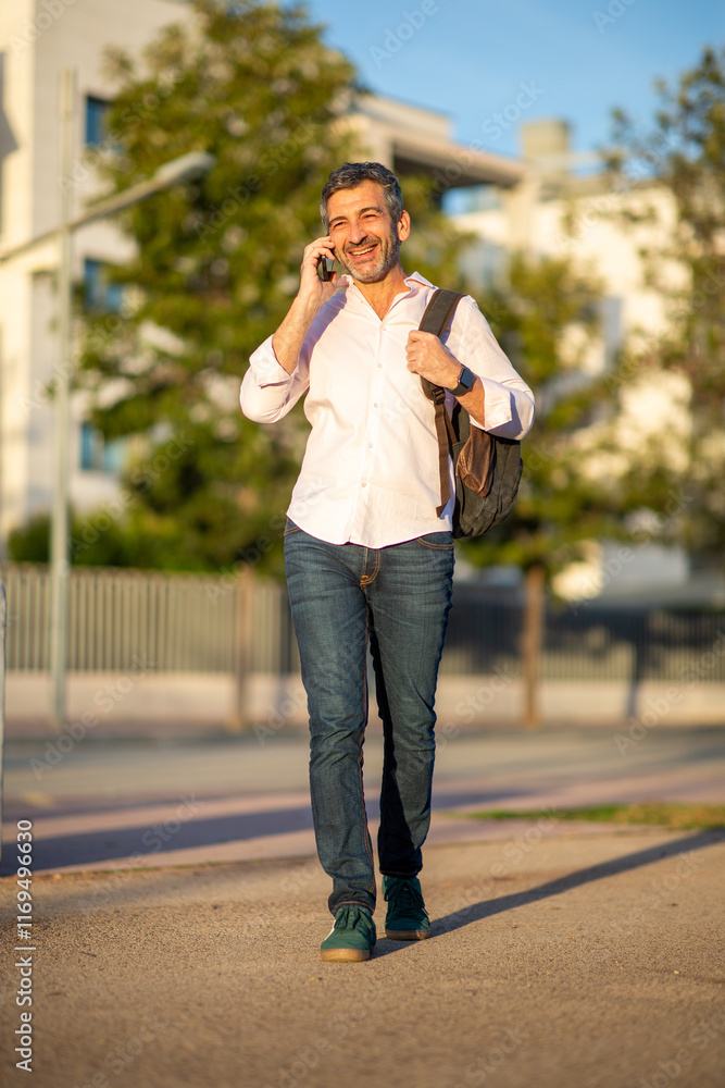 Smiling man talking on a smartphone while walking outdoors Smiling man talking on a smartphone while walking outdoors