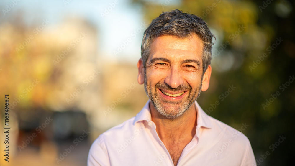 Smiling man outdoors in warm sunlight with blurred background Smiling man outdoors in warm sunlight with blurred background
