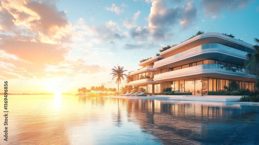 Fototapeta premium Scenic Luxury Residences with Waterfront Views at Sunset