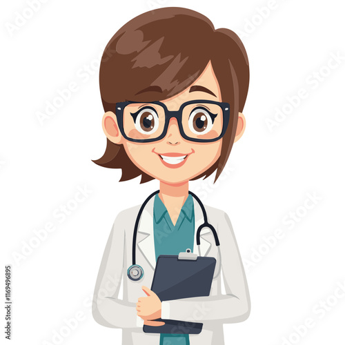 Cartoon female doctor holding clipboard and taking notes.
