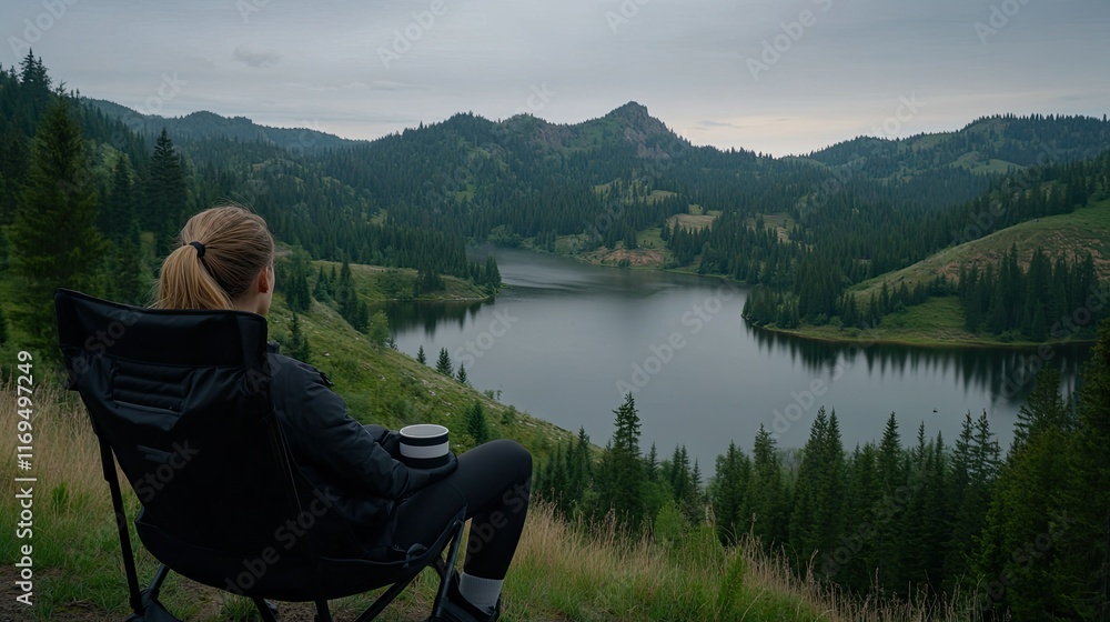 Relaxing in a camping chair, a young woman enjoys her coffee surrounded by serene nature at a summer campsite Relaxing in a camping chair, a young woman enjoys her coffee surrounded by serene nature at a summer campsite