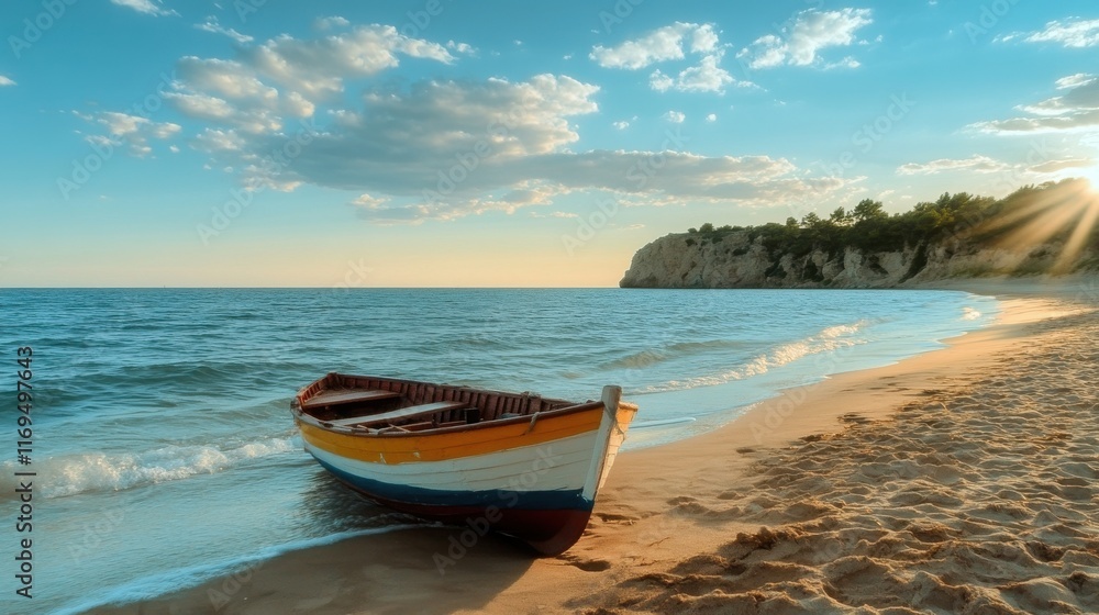 Small wooden boat resting on the shore of a sandy beach at sunset Small wooden boat resting on the shore of a sandy beach at sunset