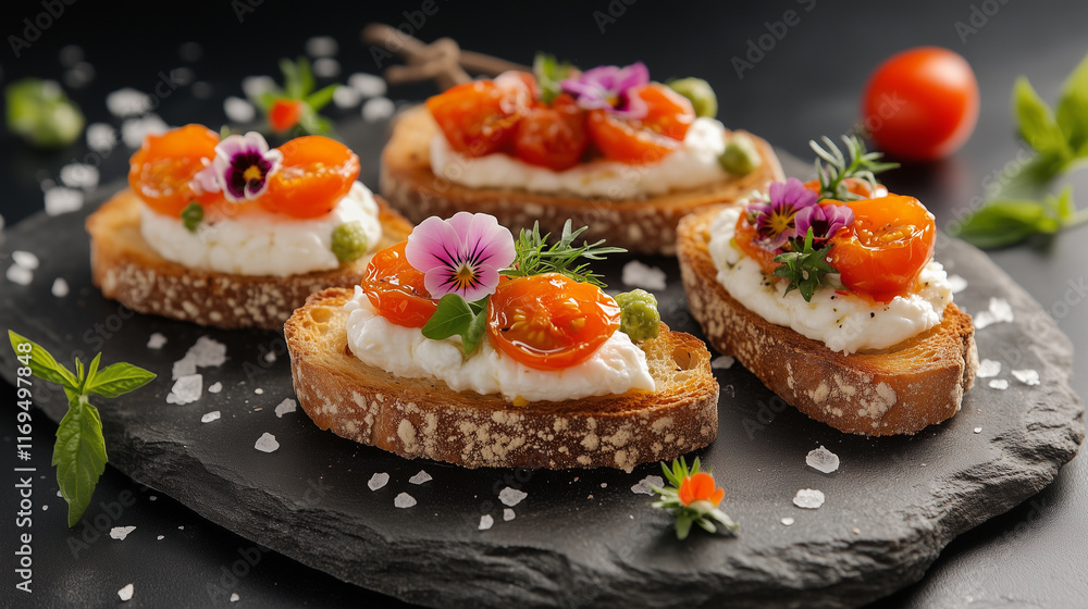 a toast with roasted cherry tomatoes, burrata, and a garnish of edible flowers on stone platter a toast with roasted cherry tomatoes, burrata, and a garnish of edible flowers on stone platter