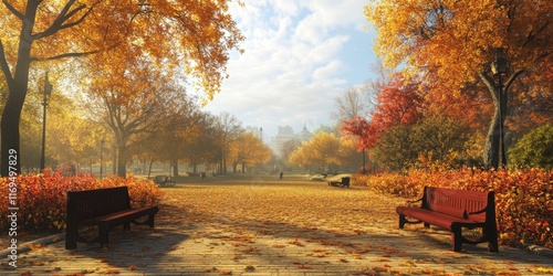 Autumn Park Path With Bench...