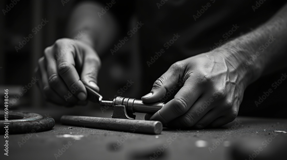 Close-Up of Hands Working with Precision Tools in Black and White