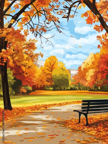 Autumn Park Bench Scene Col...