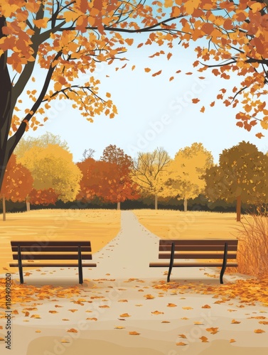Autumn Park Path With Bench...