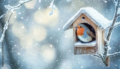 Charming birdhouse dusted with snow capturing the serene beauty winter in a tranquil setting