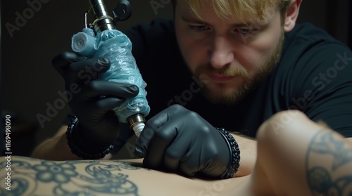 Focused Tattoo Artist Creating a Detailed Design on a Client photo