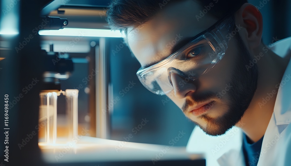 A focused scientist in a laboratory, wearing safety glasses, analyzing samples with precision. The modern lab setting enhances the innovative atmosphere of scientific discovery. A focused scientist in a laboratory, wearing safety glasses, analyzing samples with precision. The modern lab setting enhances the innovative atmosphere of scientific discovery.