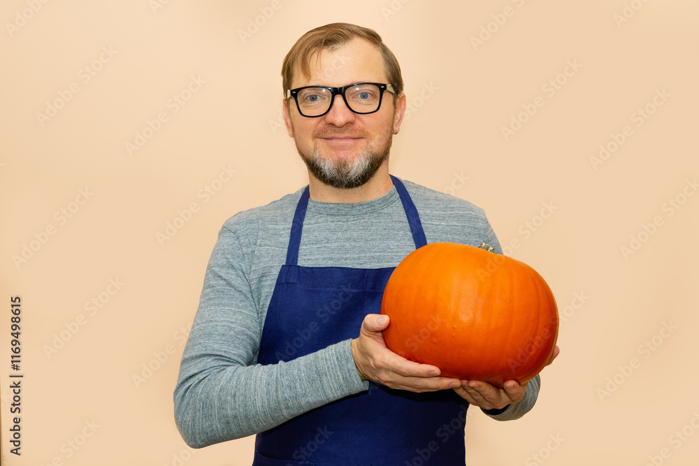 Mature bearded man hold in hand give orange color pumpkin. Male farmer or cook wants to cooking diet food from pumpkin. Studio portrait, isolated on pastel beige background. Mature bearded man hold in hand give orange color pumpkin. Male farmer or cook wants to cooking diet food from pumpkin. Studio portrait, isolated on pastel beige background.