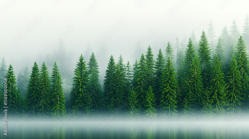 Fototapeta premium A lush forest of green trees surrounded a tranquil body of water beneath a hazy sky