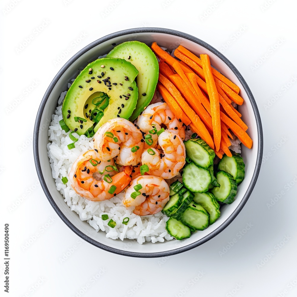 A bowl of tasty Korean Gochujang shrimp with avocado, carrots, and green onions, set against a transparent background. A bowl of tasty Korean Gochujang shrimp with avocado, carrots, and green onions, set against a transparent background.