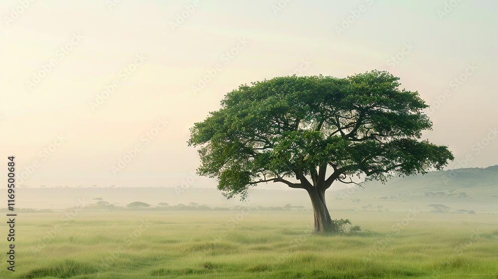 Fototapeta premium A lone tree stands in a grassy field, far away from mountains