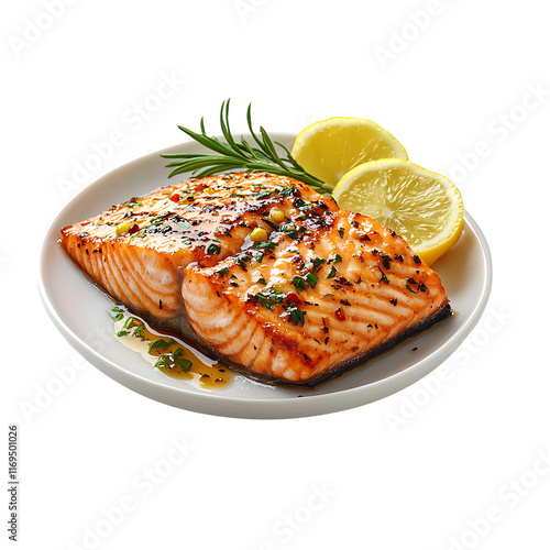 Delicious grilled salmon lemon rosemary herbs Transparent Background.